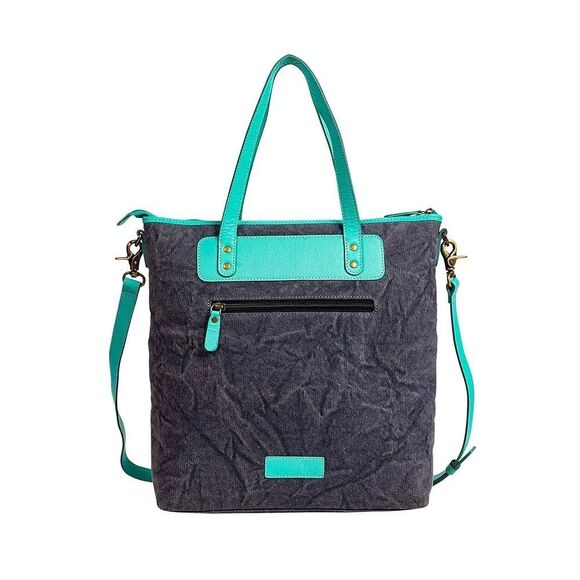 Myra Bag Handmade Tonga Tote Bag Upcycled Canvas & Cowhide Leather - Picture 4 of 10